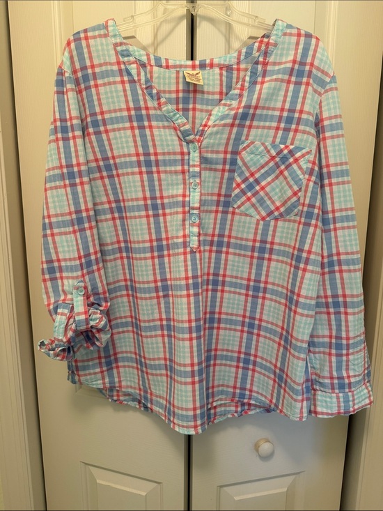 Faded Glory Tops - Faded Glory Plaid Henley Top in Light Blue and Pink